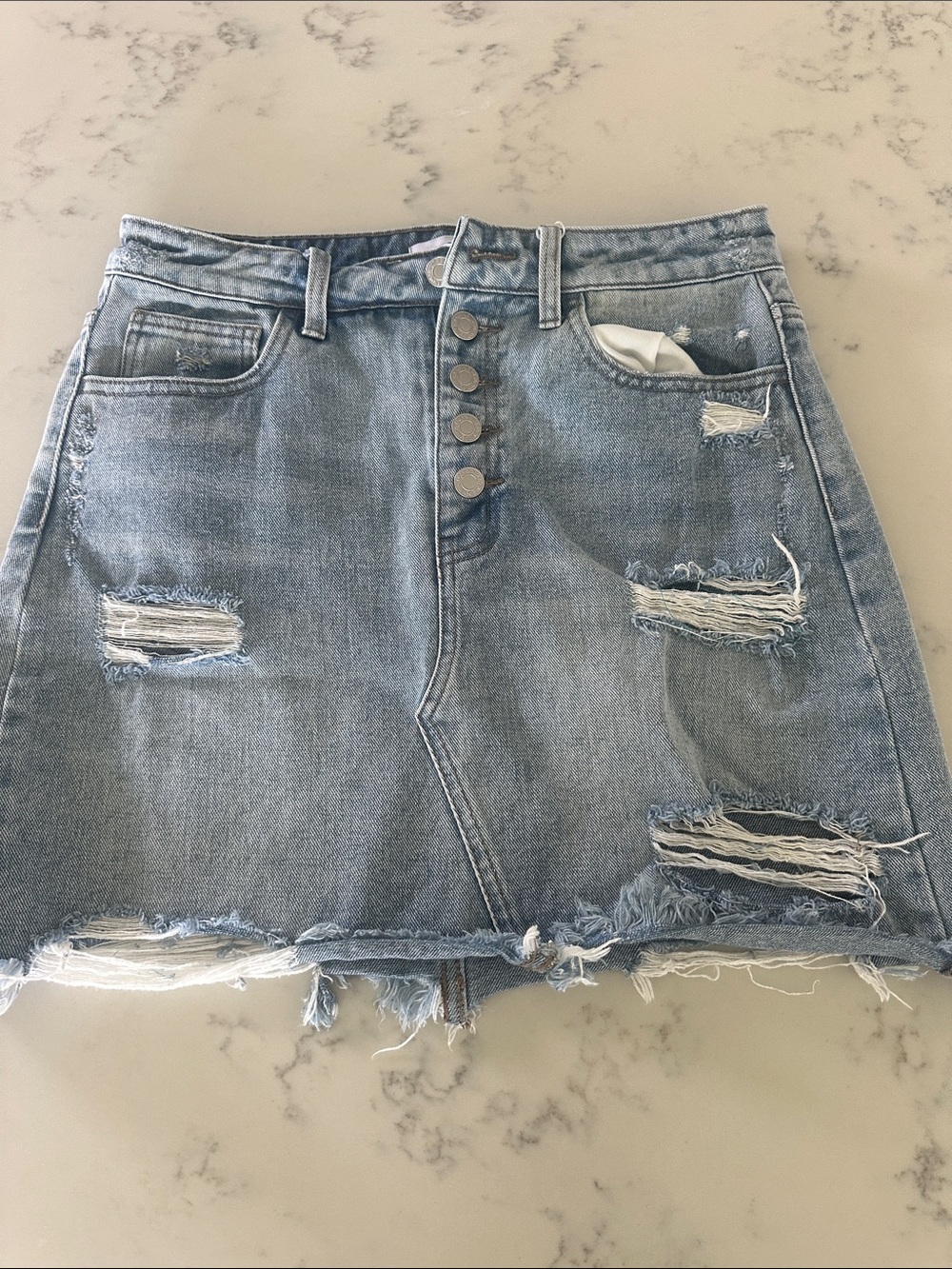 Distressed Light Blue Denim Mini Skirt